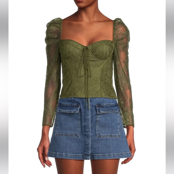 Chelsea & Violet Tops - Laura Woven Lace Sweetheart Neck Tie Front Long Sleeve Fitted Blouse Olive